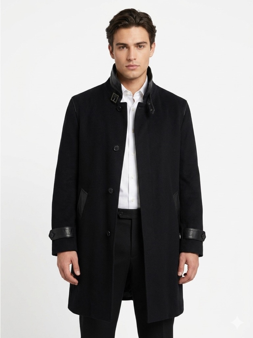 BRIONI Overcoat Vintage Leather Trim Hidden Placket Cashmere Black IT 50